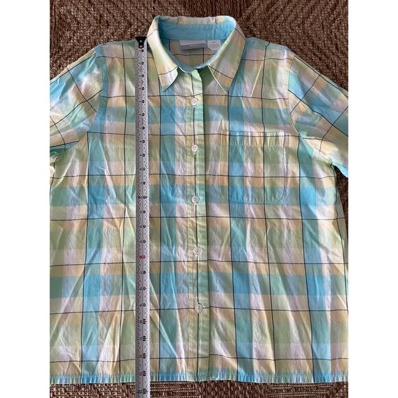ALFRED DUNNER Sz 12 P Yellow Green and Blue Plaid Button Up blouse - Picture 6 of 7